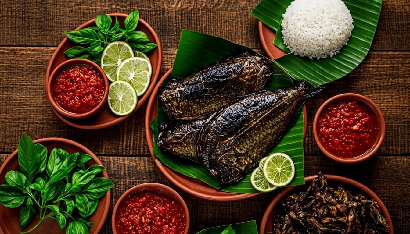 A whole grilled fish with charred skin at the centre of a table spread — sambal, lalapan, cucumber, and rice around it
